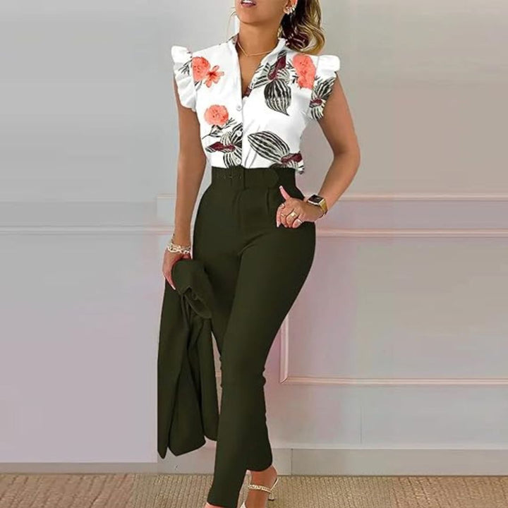 Dahlia - Top élégant avec manches volantées et pantalon taille haute