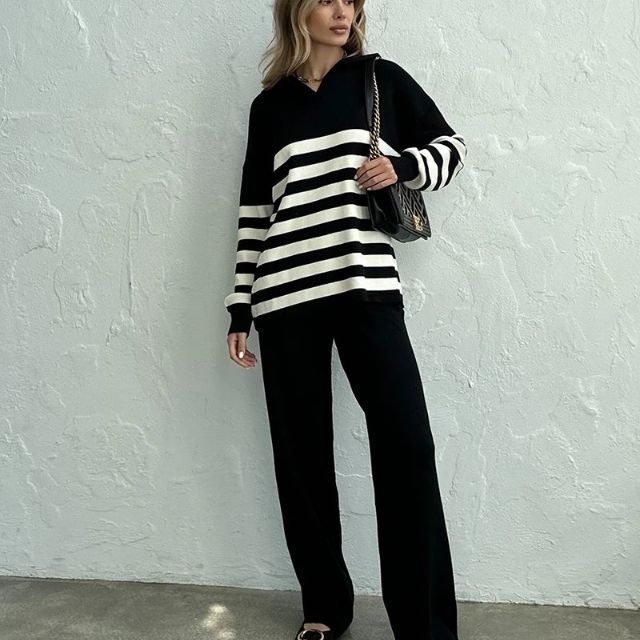 Genevieve - Ensemble pull rayé et pantalon large