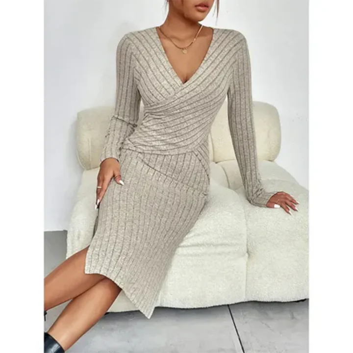 Sthelle | Robe Manches Longues Col V Pour Femme | Midi