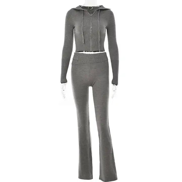 Arabella - Ensemble loungewear côtelé élégant avec veste à capuche et pantalon évasé