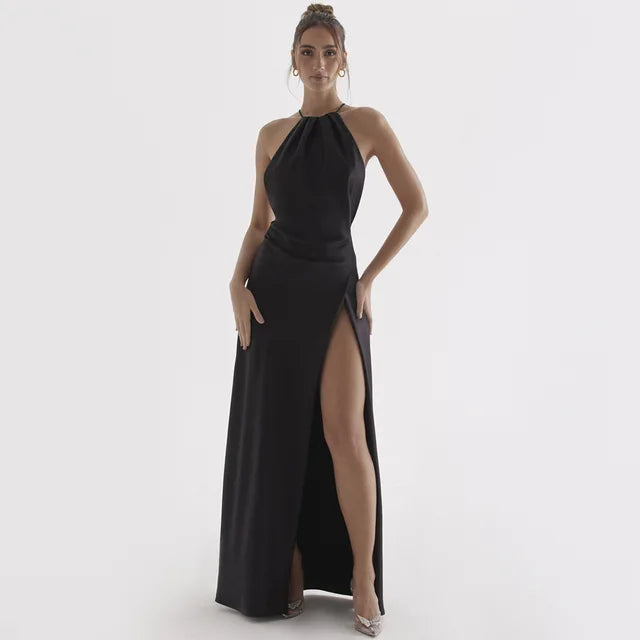 Bella - Robe longue élégante avec col dos nu et fente haute