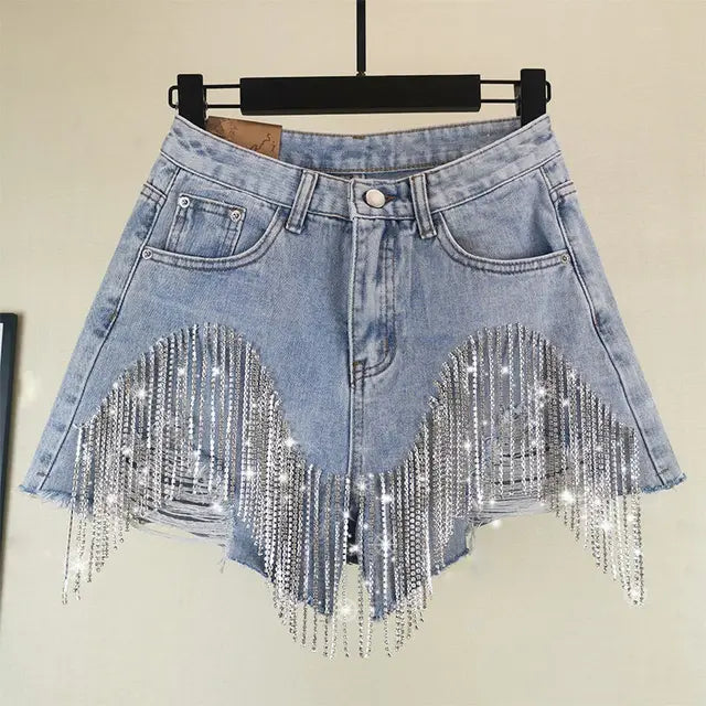 Bianca - Short en jean délavé détail franges cristaux