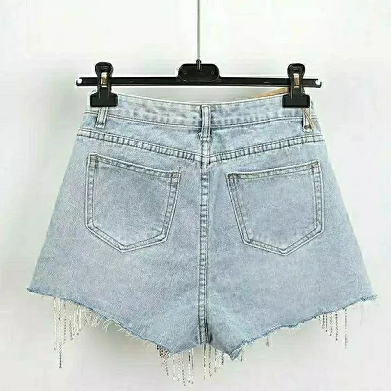 Bianca - Short en jean délavé détail franges cristaux