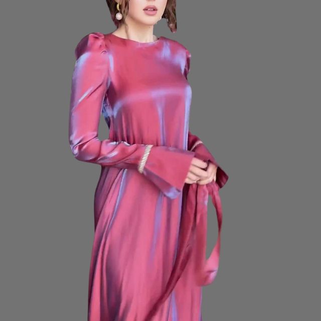 Evelyn - Robe midi en satin à manches bouffantes et détails métalliques