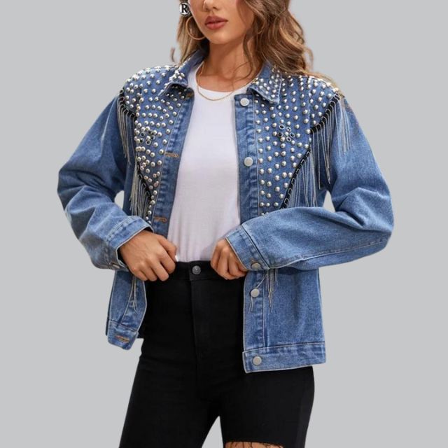 Arisse - Veste en jean avec pompons en perles