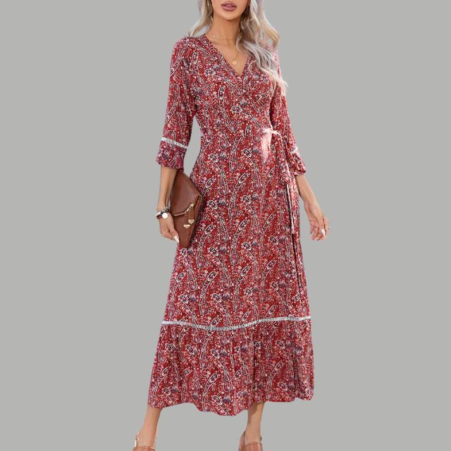 Savannah - Robe portefeuille bohème imprimé cachemire avec détail volants